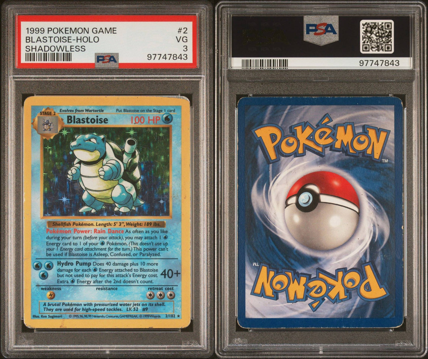 Shadowless Blastoise - Base Set Holo Rare - 02/102 - PSA 3